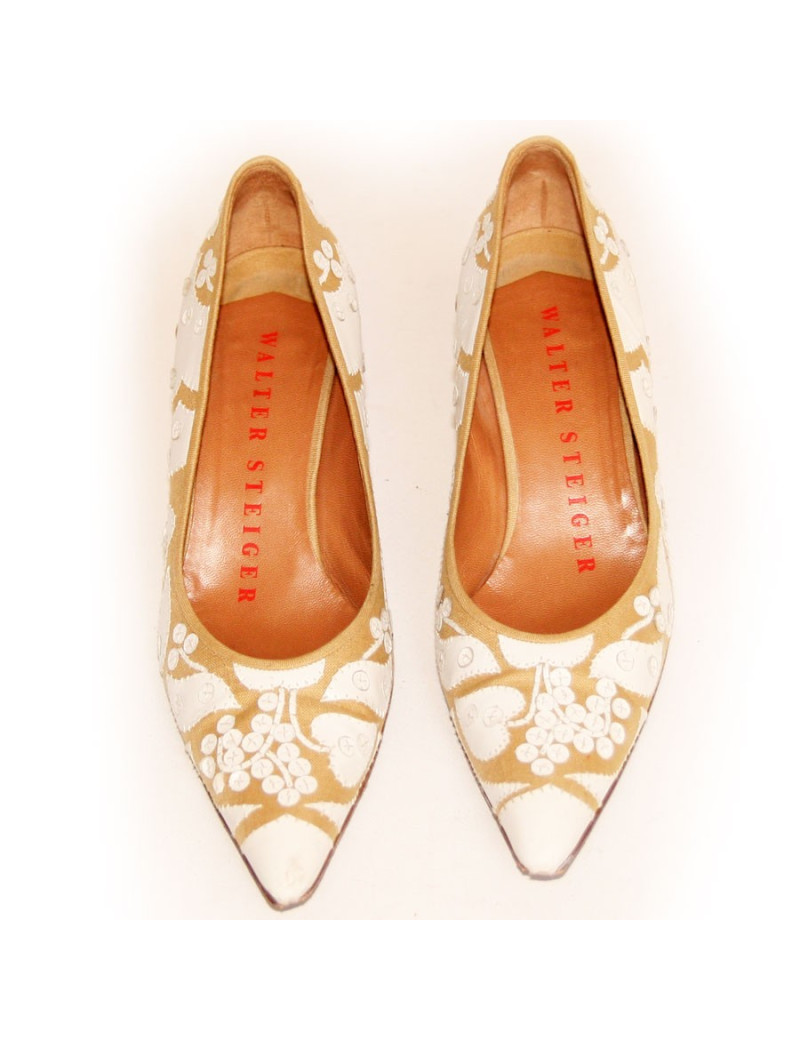 Escarpins WALTER STEIGER cuir et raphia marron et blanche