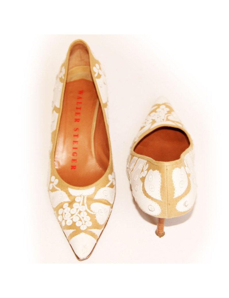 Escarpins WALTER STEIGER cuir et raphia marron et blanche