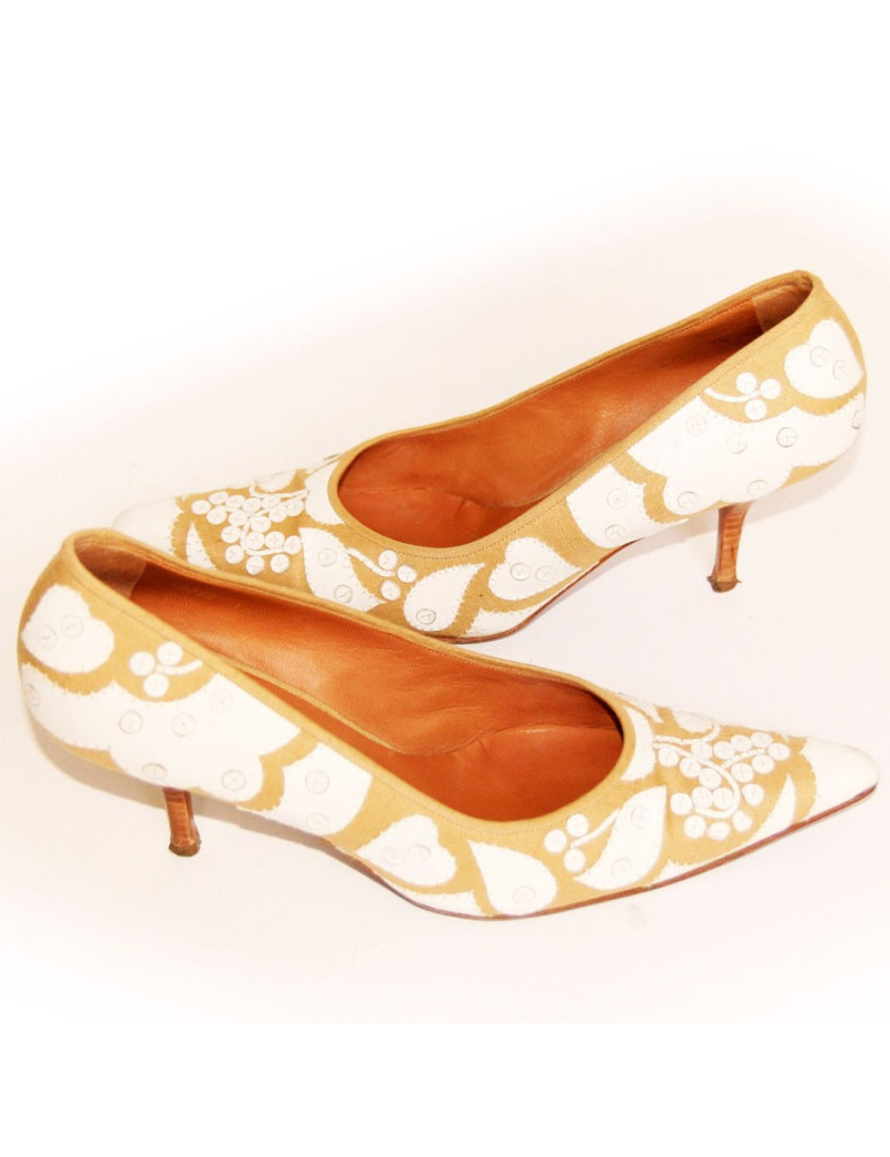 Escarpins WALTER STEIGER cuir et raphia marron et blanche