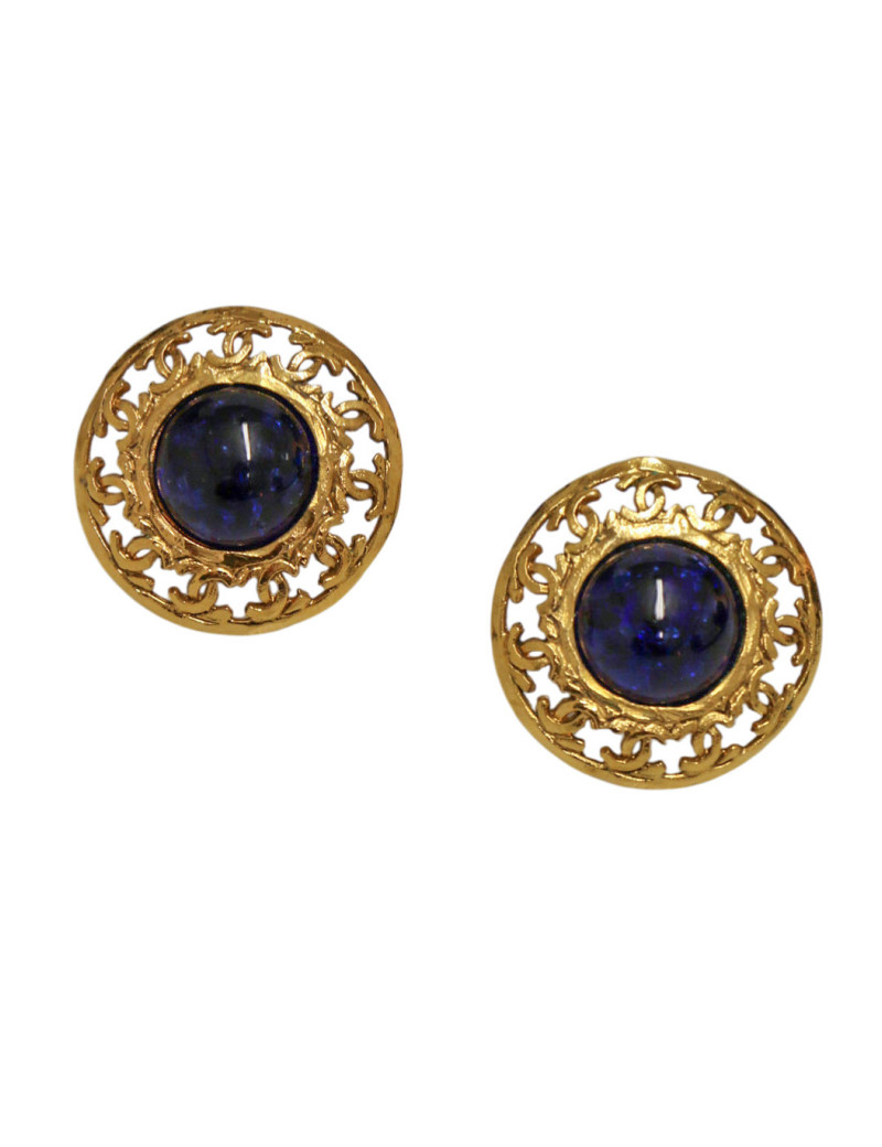 Boucles d'oreilles dorées et bleues Chanel 1986