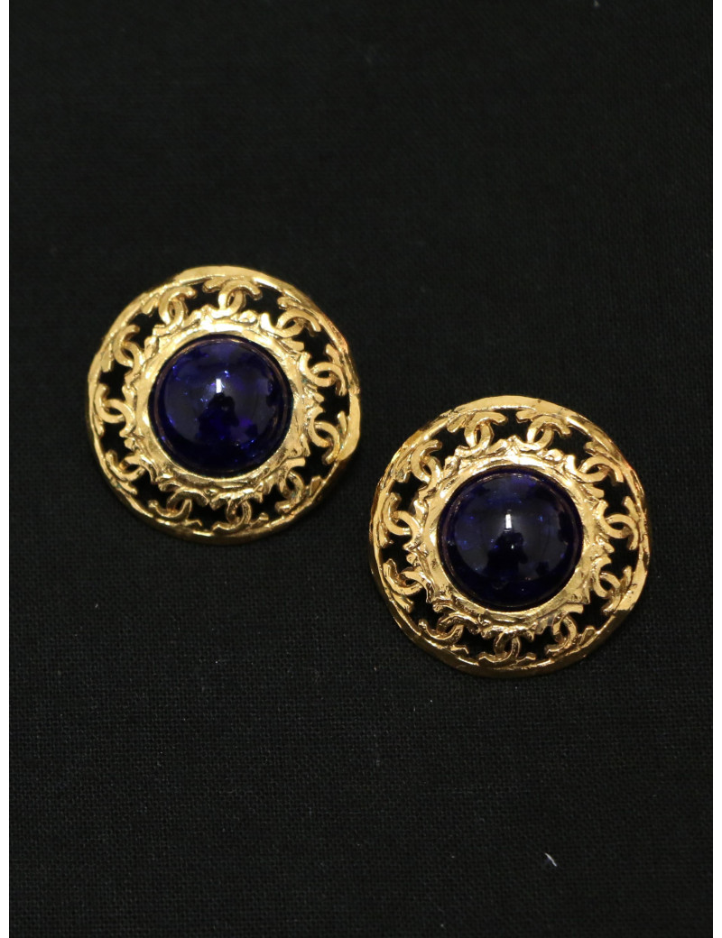 Boucles d'oreilles dorées et bleues Chanel 1986