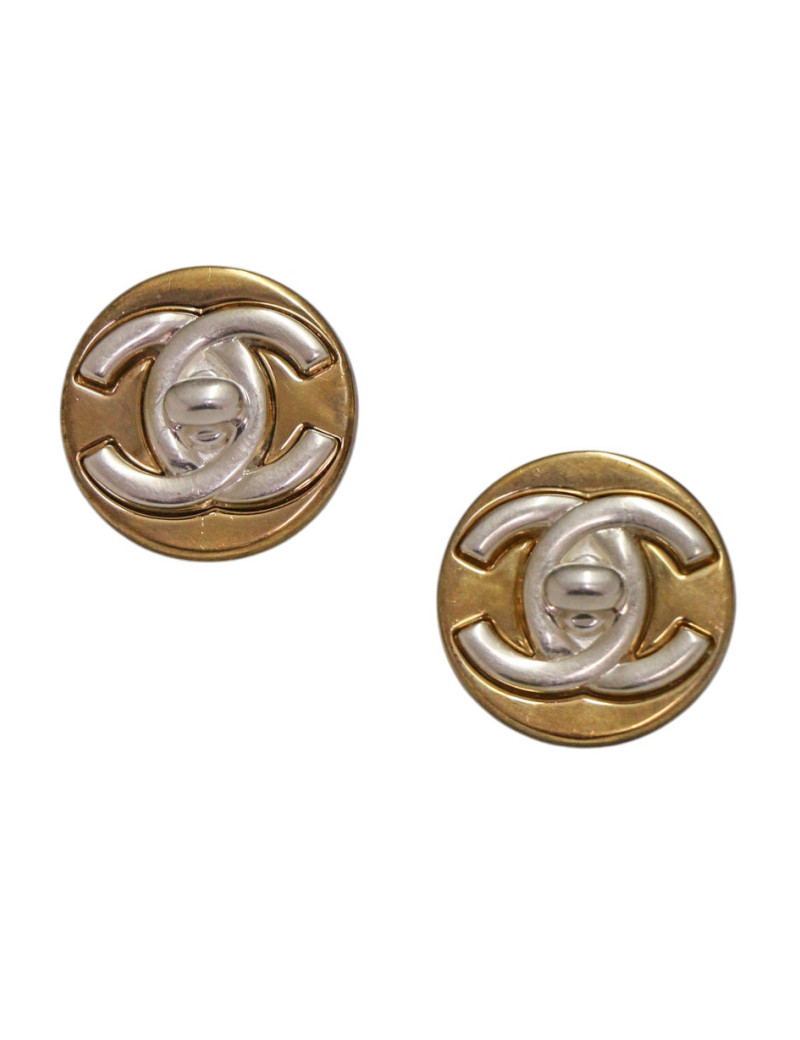 Boucles d'oreilles double CC doré et argent Chanel