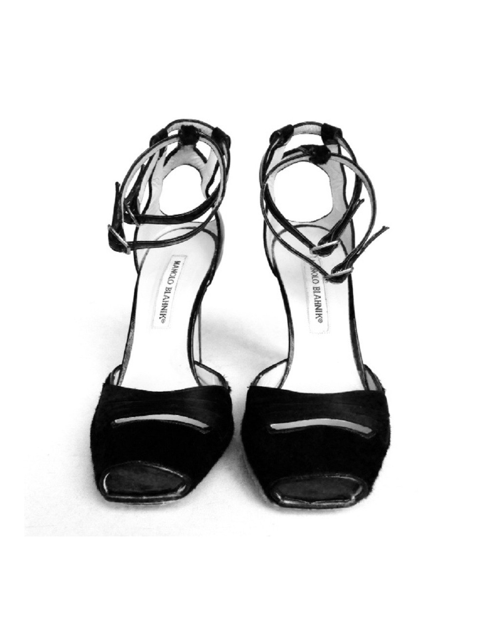 Escarpins noir poulain, satin et cuir verni MANOLO BLAHNIK T38,5