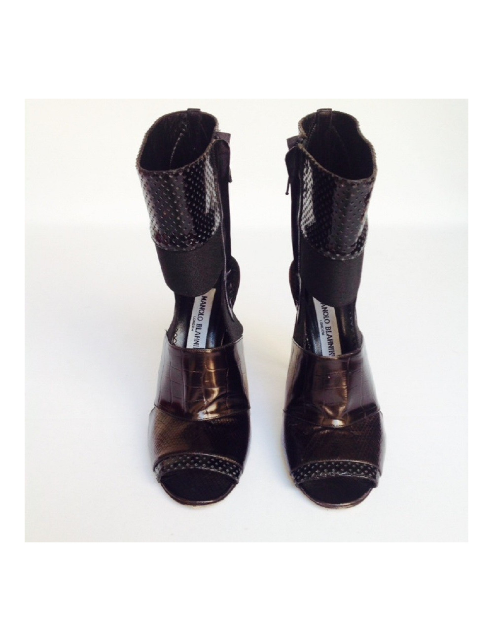 Sandales hautes en cuir noir imitation croco python MANOLO BLAHNIK T38