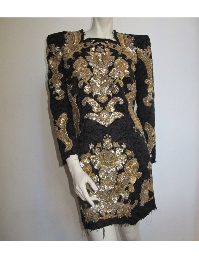 Robe BALMAIN en velours damassé noir brodée or T42