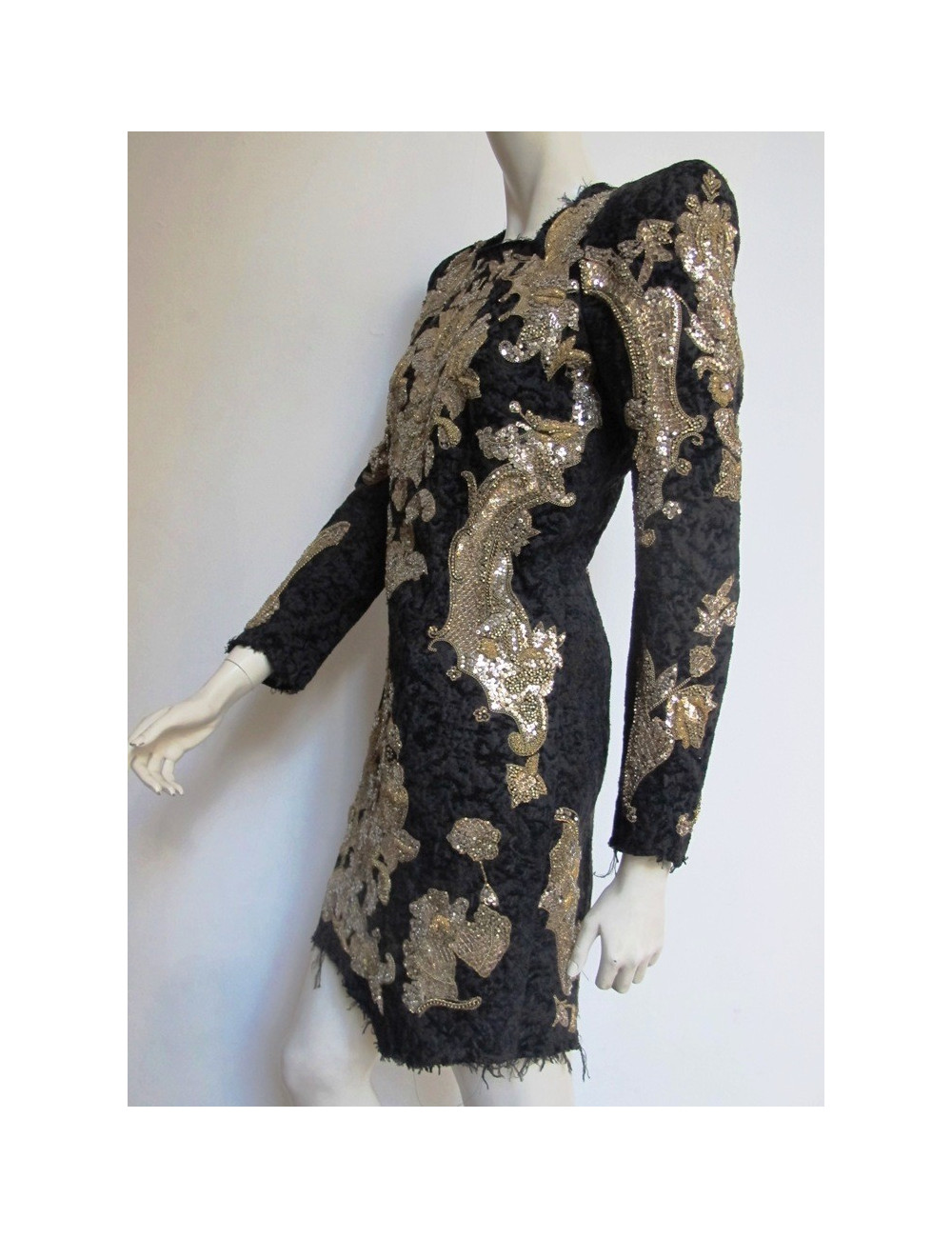 Robe BALMAIN en velours damassé noir brodée or T42