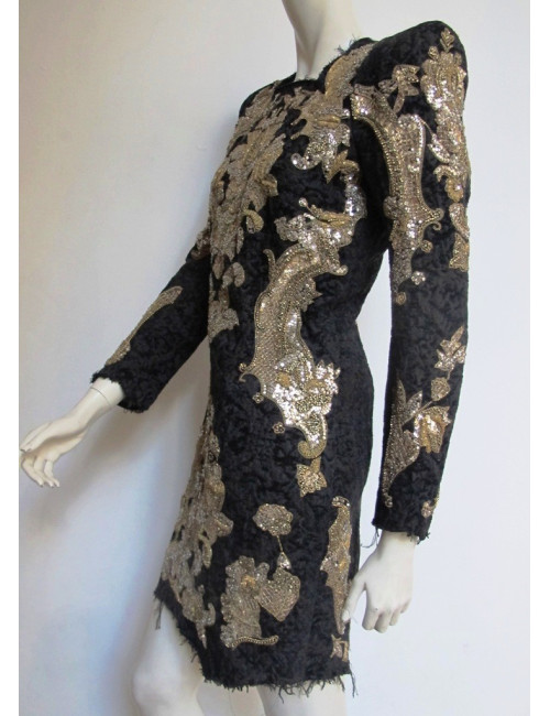 Robe BALMAIN en velours damassé noir brodé or