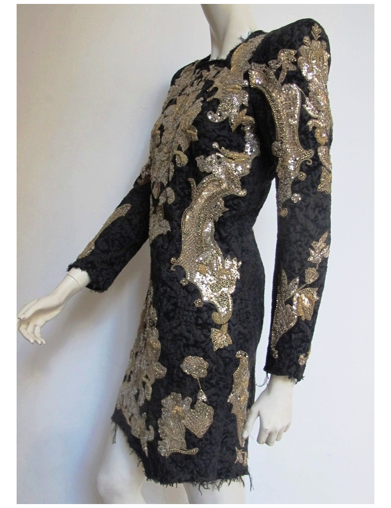 Robe BALMAIN en velours damassé noir brodée or T42