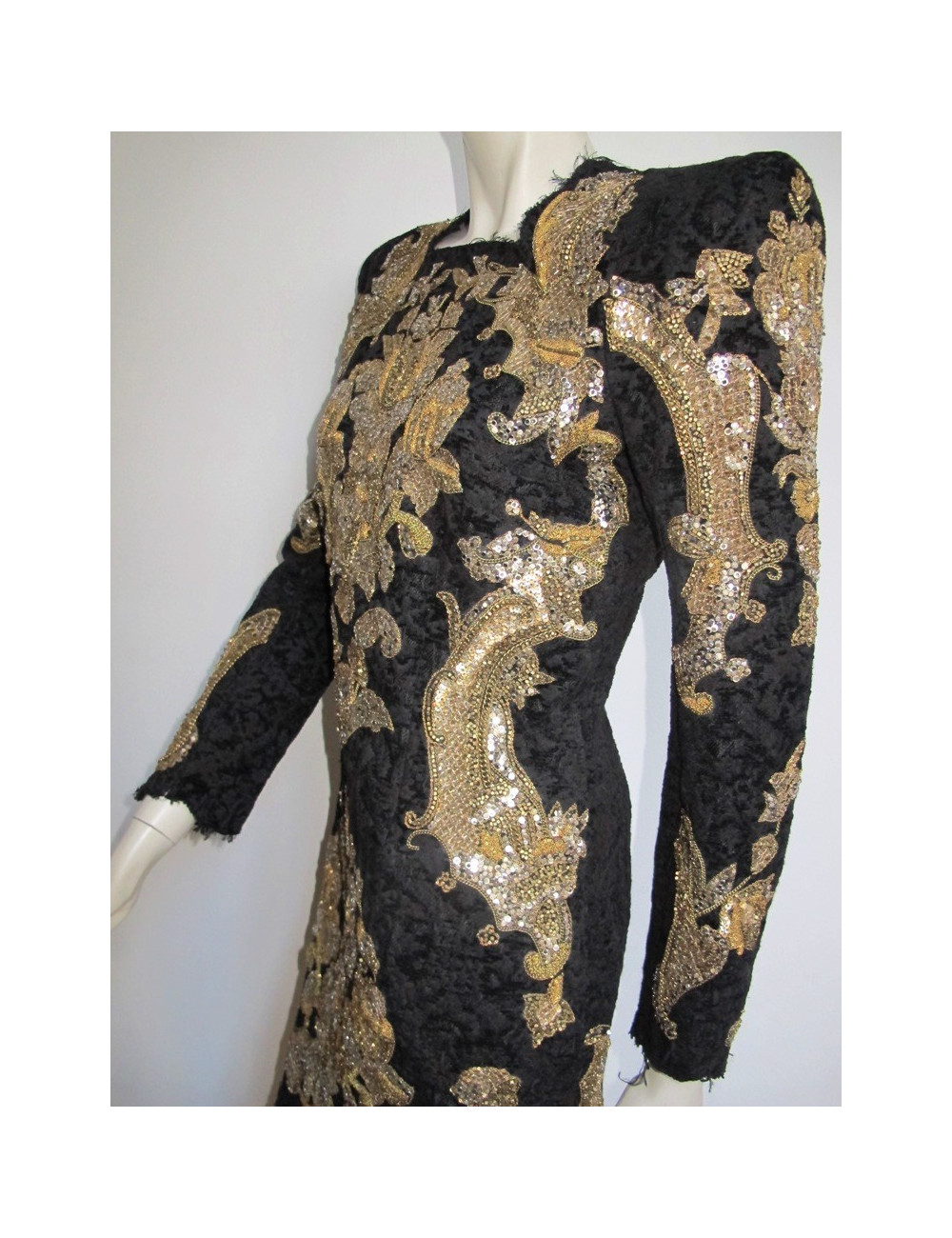 Robe BALMAIN en velours damassé noir brodée or T42