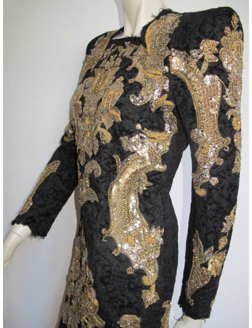 Robe BALMAIN en velours damassé noir brodé or