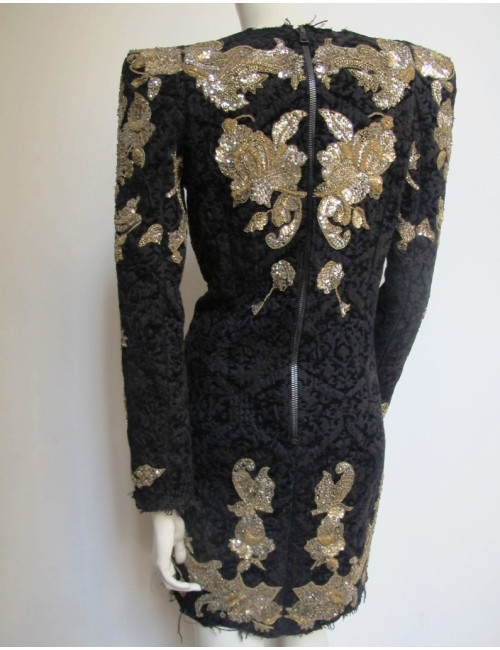 Robe BALMAIN en velours damassé noir brodée or T42