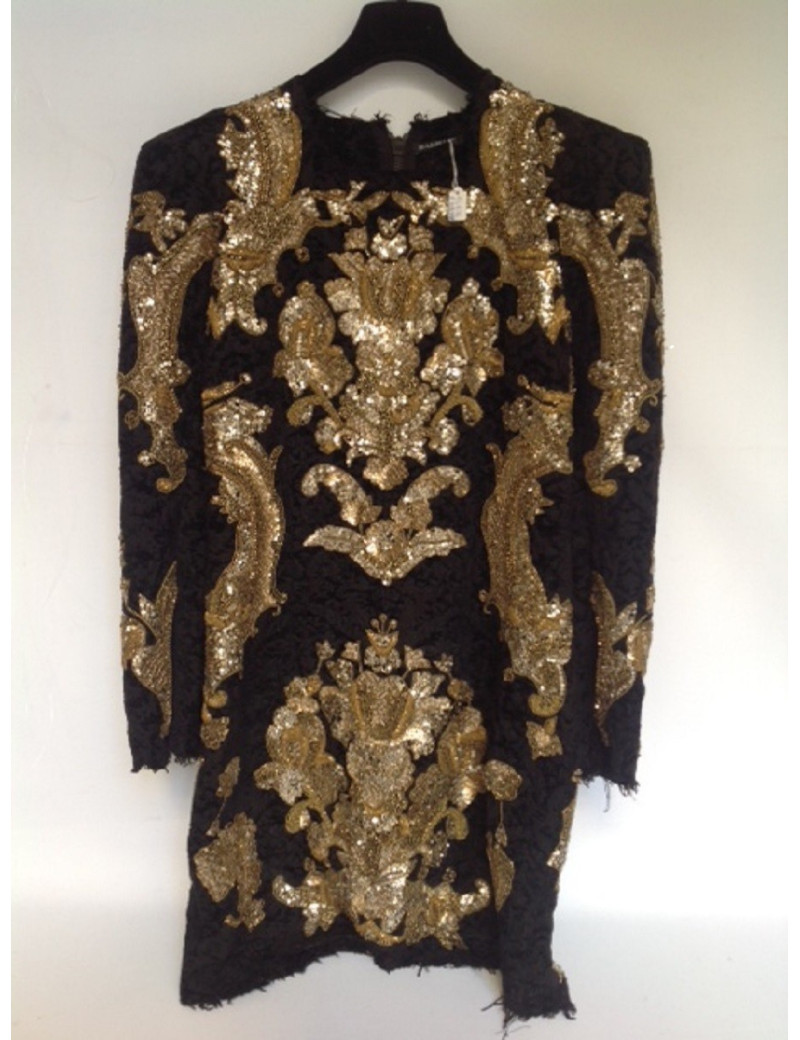 Robe BALMAIN en velours damassé noir brodée or T42