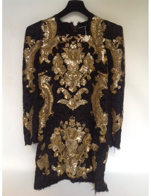 Robe BALMAIN en velours damassé noir brodé or