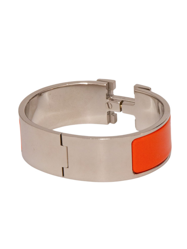 Bracelet Hermès Clic H Émail Orange Métal Plaqué Palladium Vintage