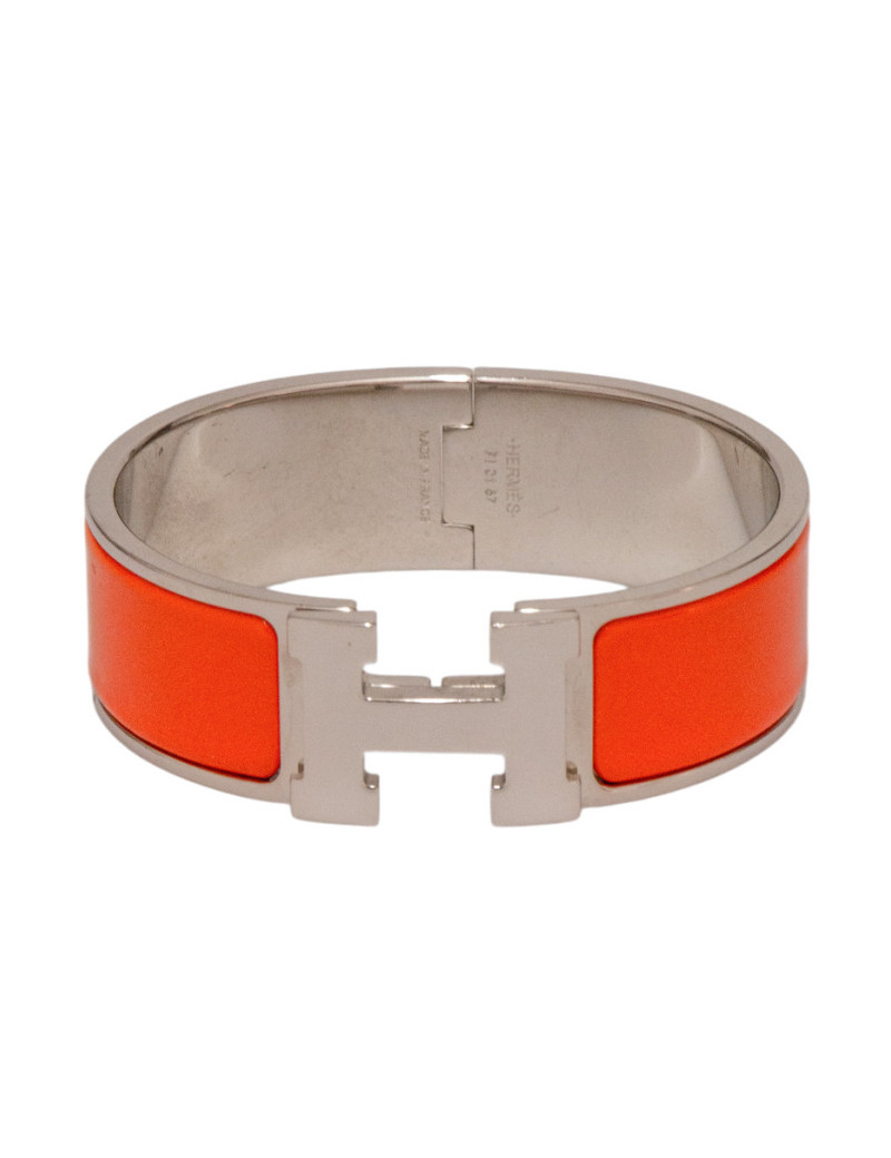 Bracelet Hermès Clic H Émail Orange Métal Plaqué Palladium Vintage