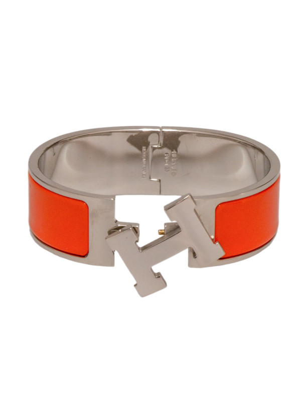 Bracelet Hermès Clic H Émail Orange Métal Plaqué Palladium Vintage