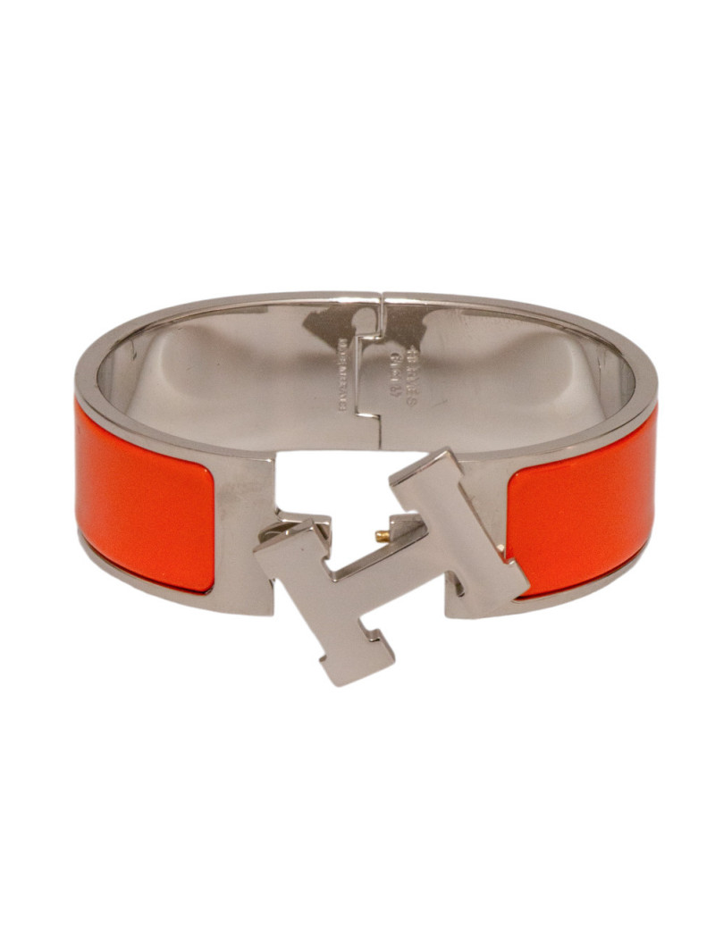 Bracelet Hermès Clic H Émail Orange Métal Plaqué Palladium Vintage
