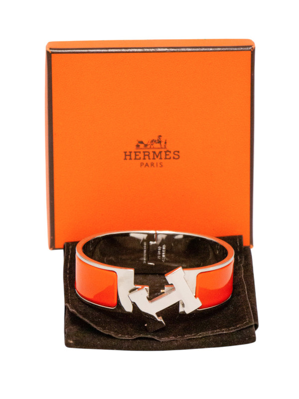 Bracelet Hermès Clic H Émail Orange Métal Plaqué Palladium Vintage
