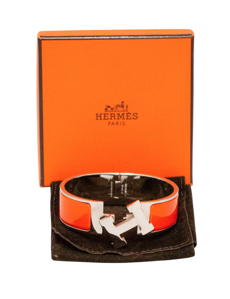 Bracelet Hermès Clic H Émail Orange Métal Plaqué Palladium Vintage