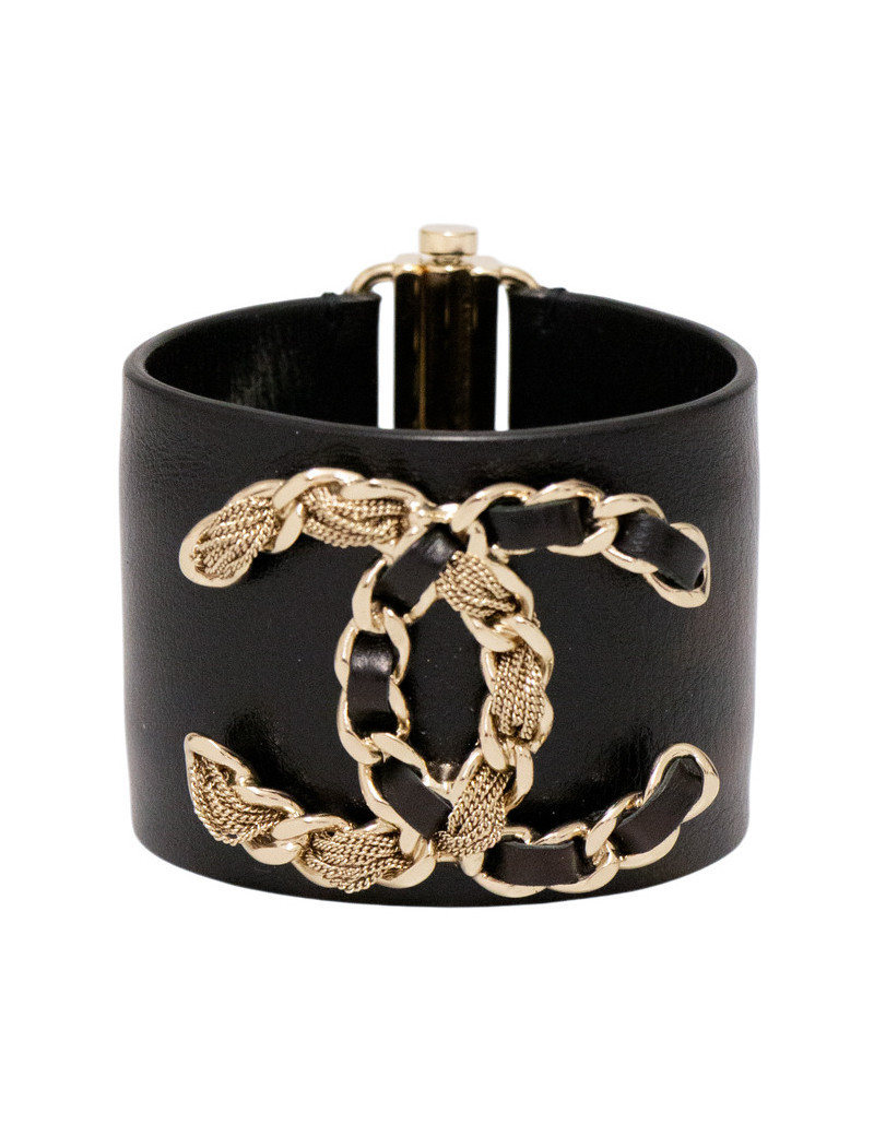 Bracelet Manchette Chanel CC Or et Cuir Noir Entrelacé