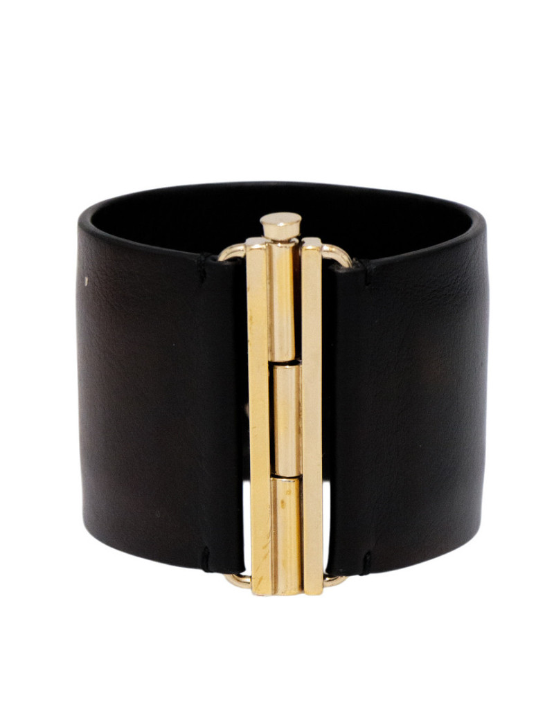 Bracelet Manchette Chanel CC Or et Cuir Noir Entrelacé