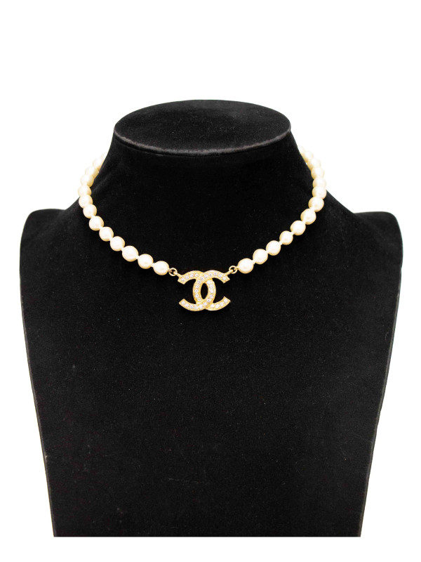 Collier perles double CC strass Chanel