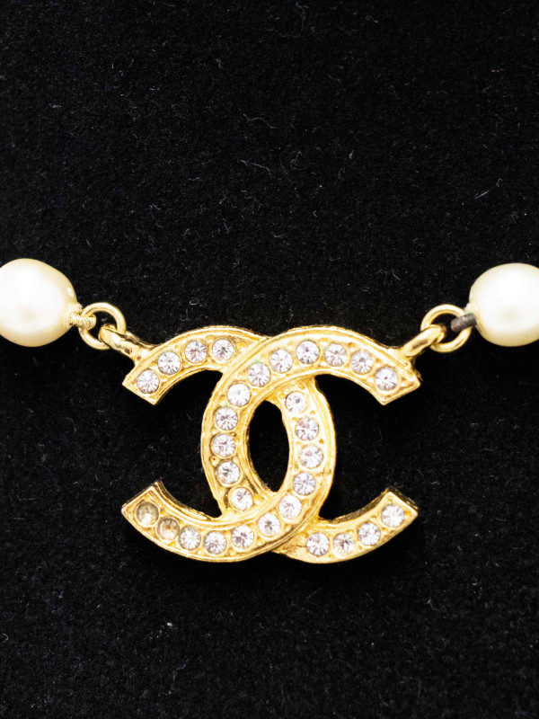 Collier perles double CC strass Chanel