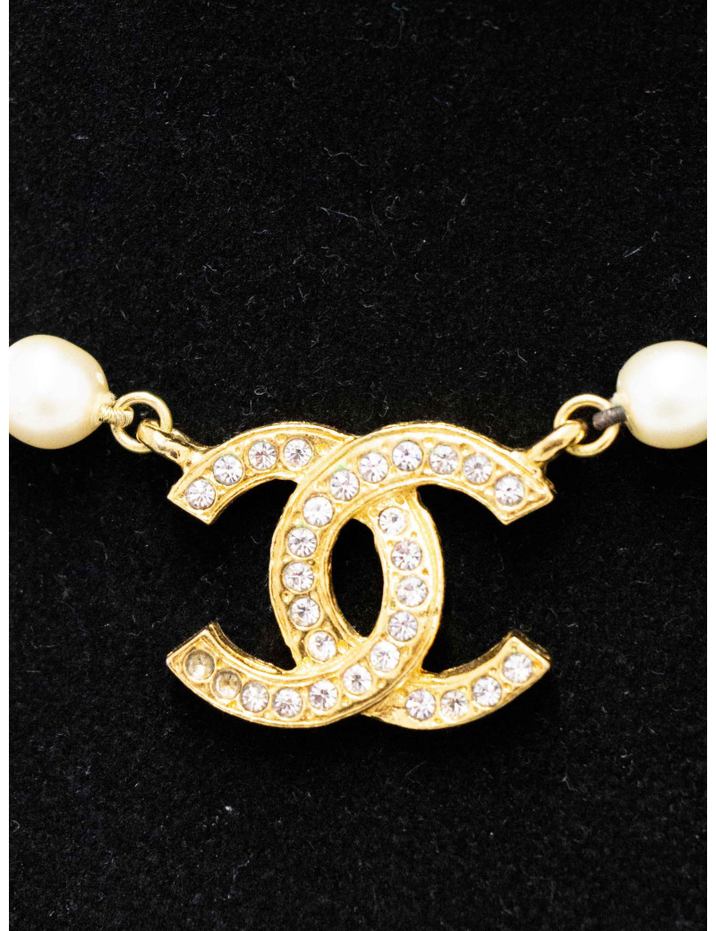 Collier perles double CC strass Chanel
