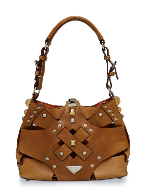 Petit sac Prada Hobo cuir marron clous