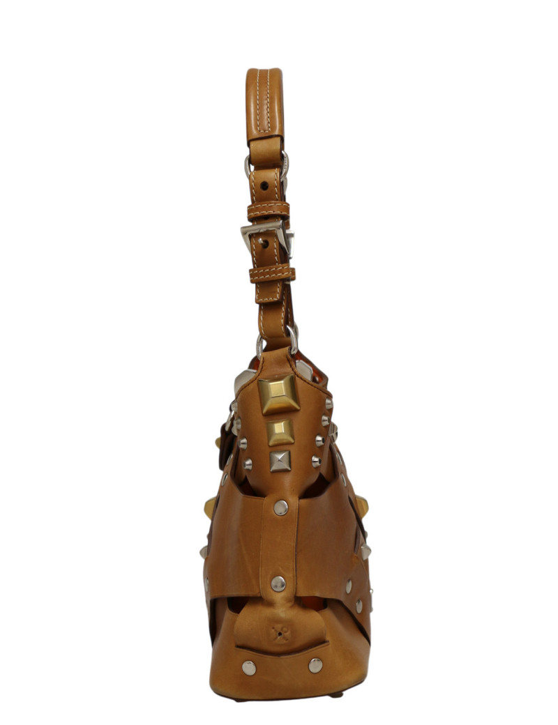 Petit sac Prada Hobo cuir marron clous