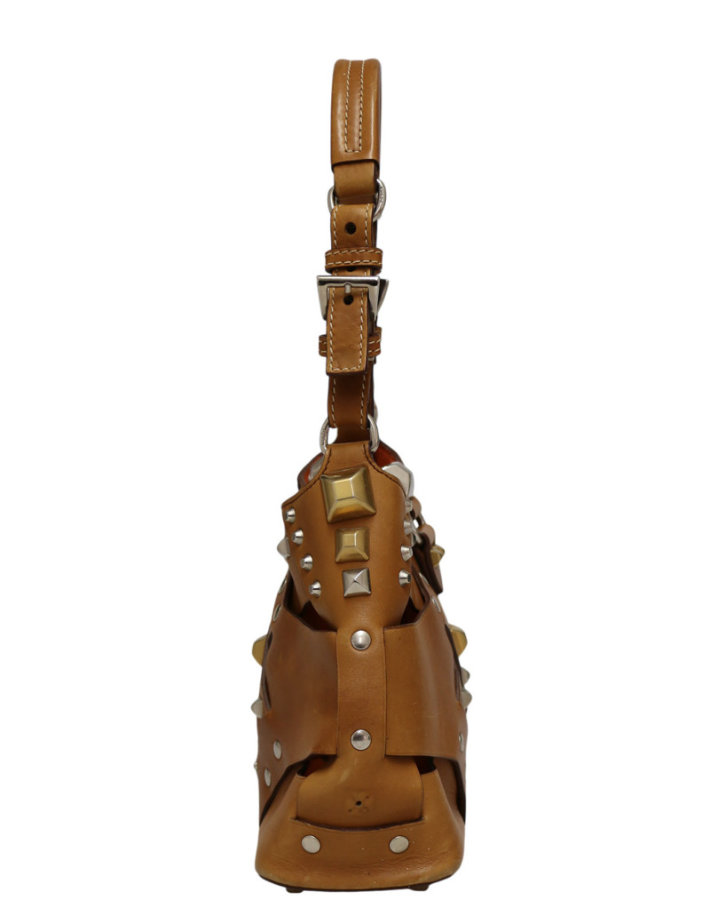 Petit sac Prada Hobo cuir marron clous