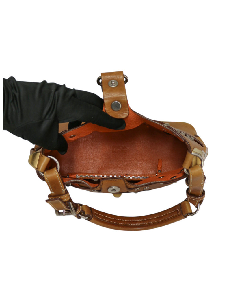 Petit sac Prada Hobo cuir marron clous