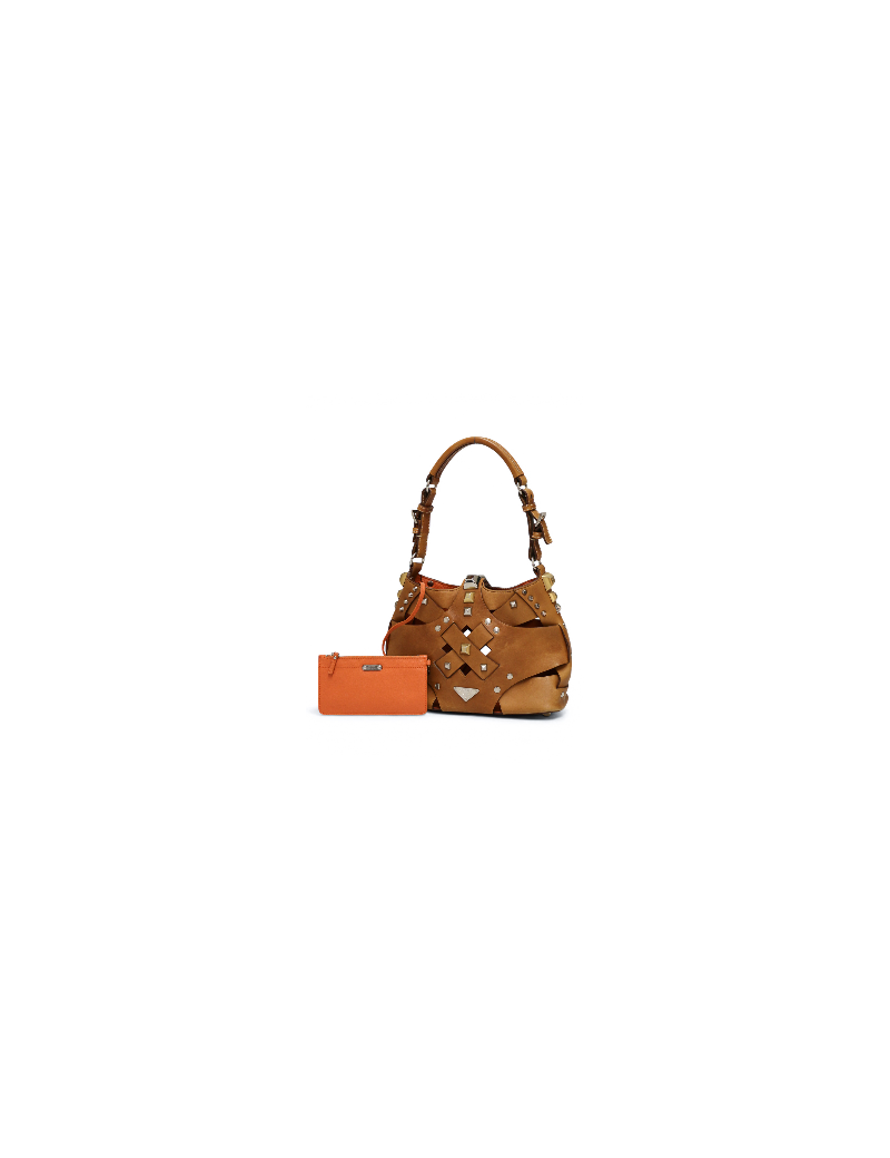 Petit sac Prada Hobo cuir marron clous