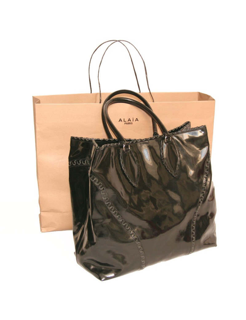 Grand sac cabas cuir verni noir ALAIA 