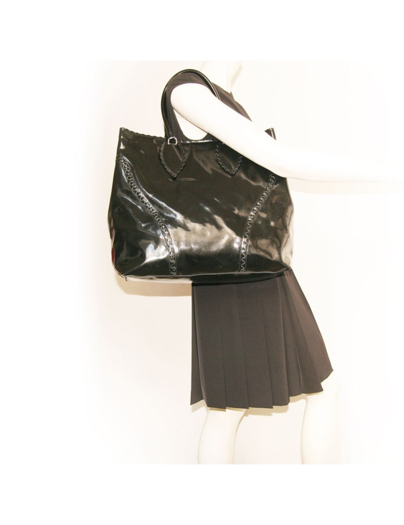 Grand sac cabas cuir verni noir ALAIA 