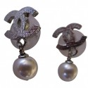 CHANEL silver guilloche and Pearly Pearl ear studs