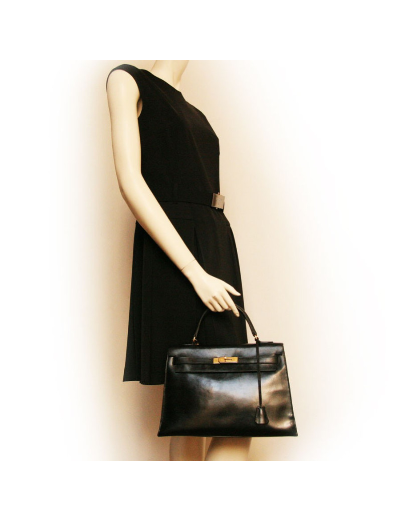 Sac kELLY 32 HERMES en cuir box noir 