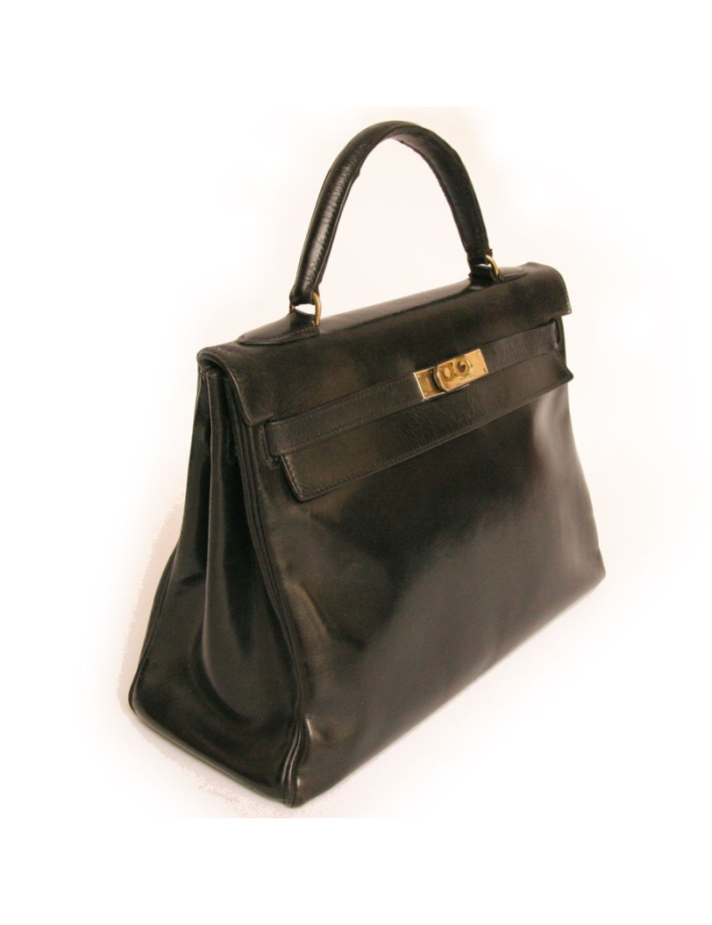 Sac Kelly 32 HERMES en cuir box noir vintage