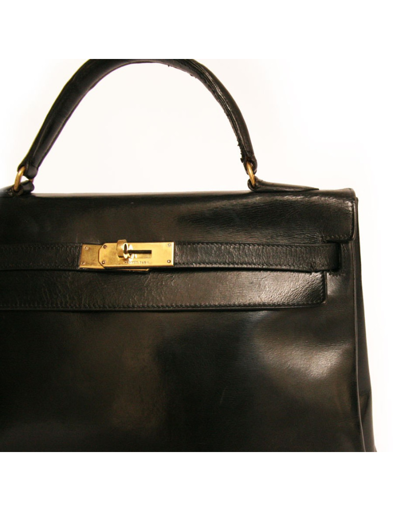 Sac Kelly 32 HERMES en cuir box noir vintage