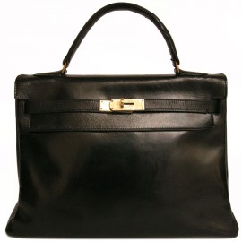Kelly 32 HERMES leather black vintage box bag