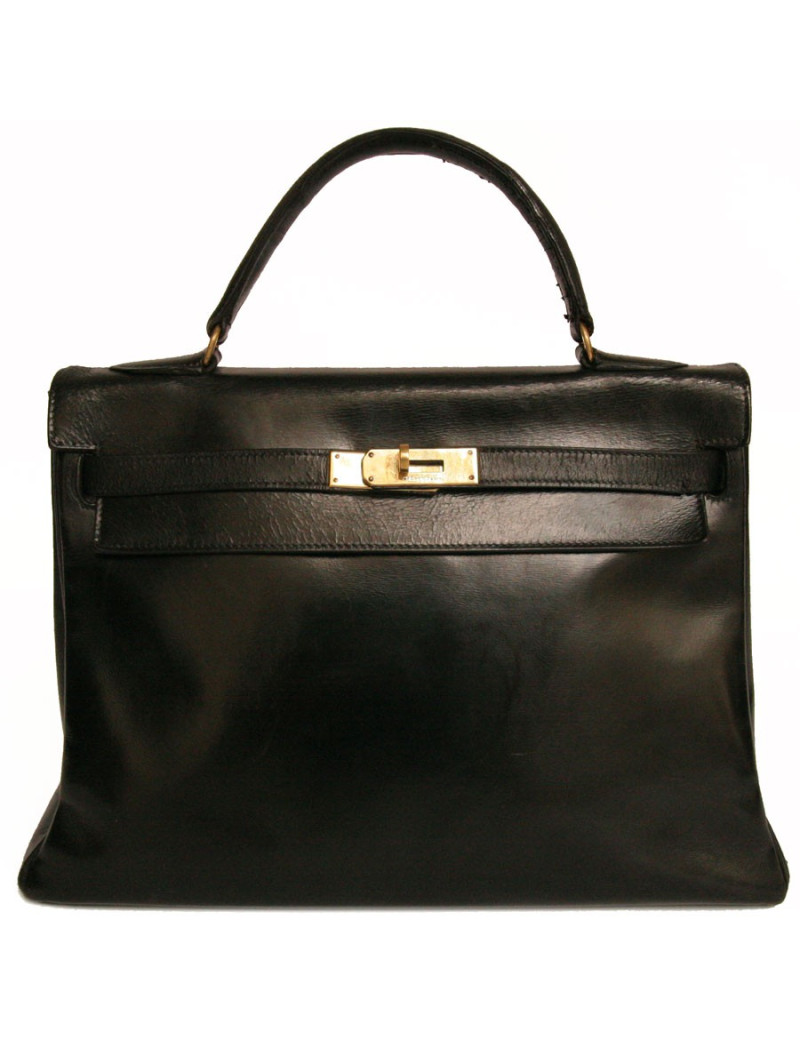 Sac Kelly 32 HERMES en cuir box noir vintage