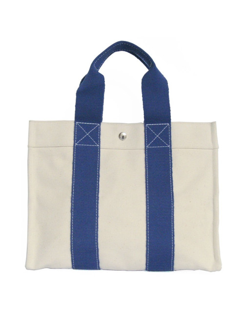 Sac HERMES en toile bicolore beige et bleu 