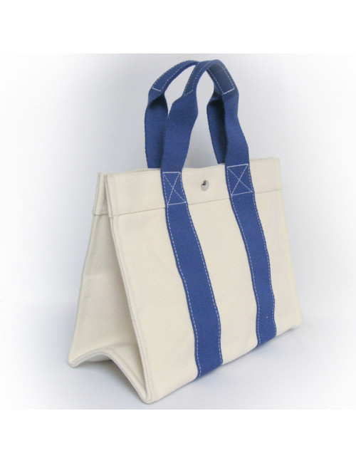 Sac HERMES en toile bicolore blanc et bleu 