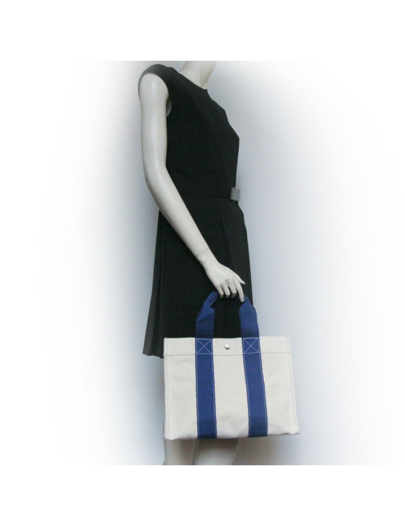 Sac HERMES en toile bicolore blanc et bleu 