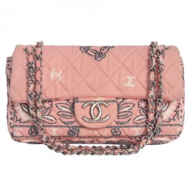 CHANEL pink canvas printed camellias bag