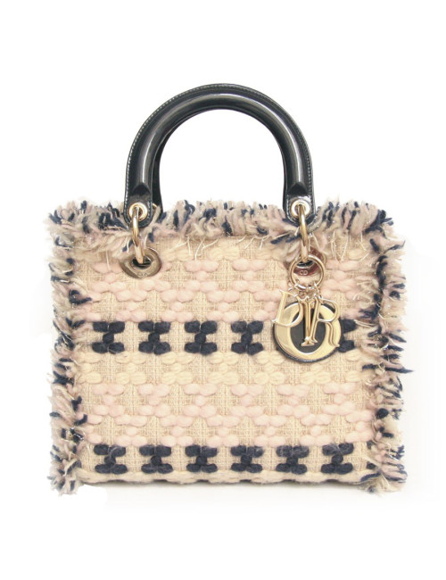Sac Lady D  DIOR en tweed bleu marine et rose