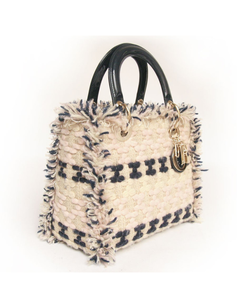 Sac Lady D  DIOR en tweed bleu marine et rose