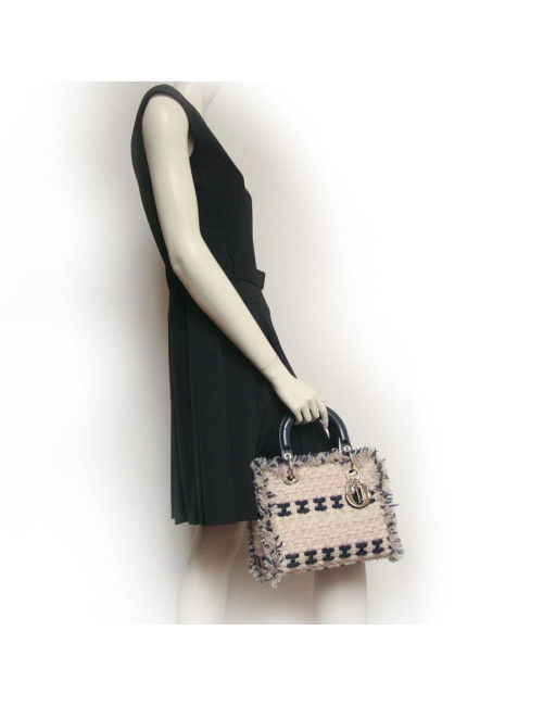 Sac Lady D  DIOR en tweed bleu marine et rose