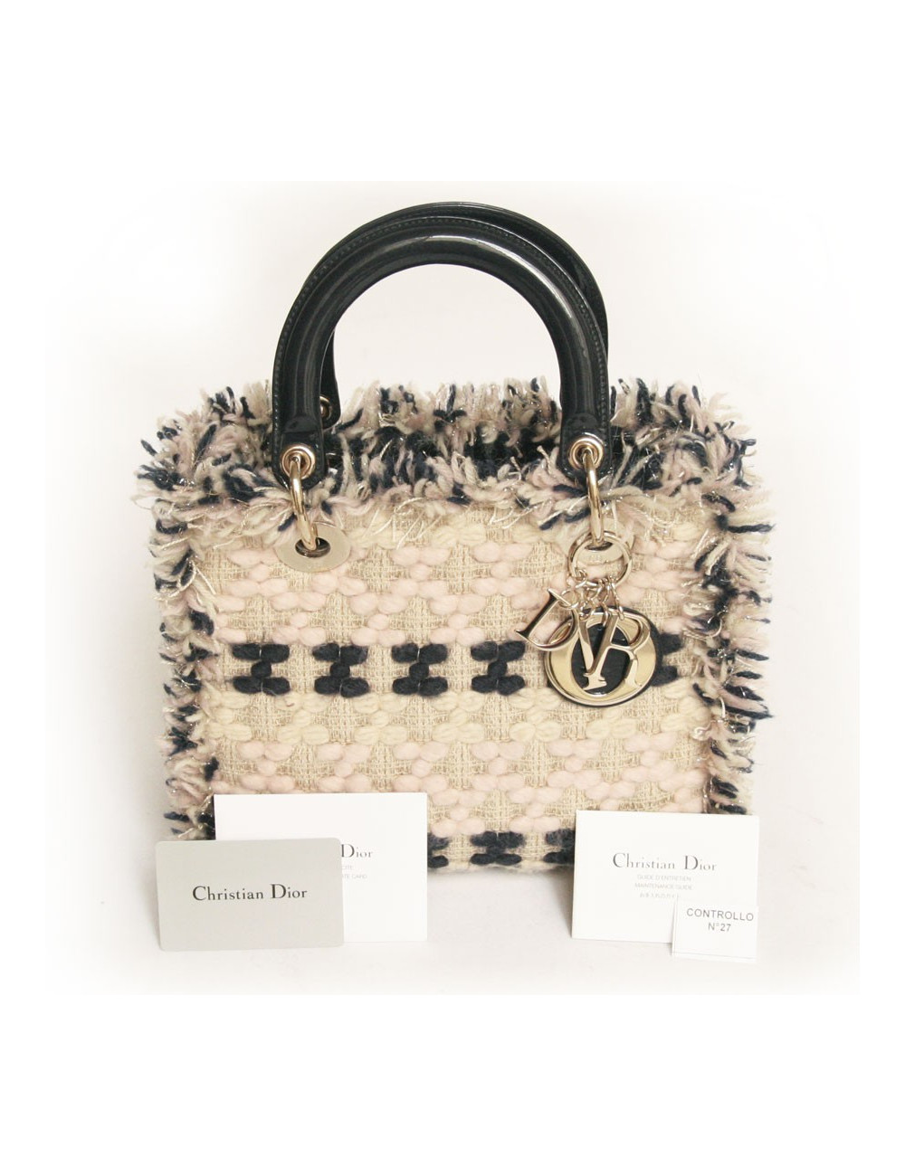 Sac Lady D DIOR en tweed bleu marine et rose