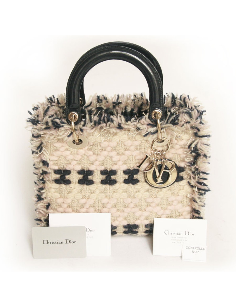 Sac Lady D  DIOR en tweed bleu marine et rose